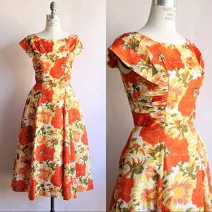 Vintage 1950’s Poppy & Wildflower Print Flare Dress